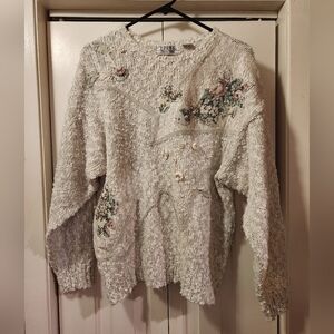 Vintage 80s Cottagecore Embellished Floral Sweater – Pearl Detail